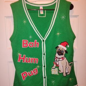 Holiday Time Green Pug Christmas Sweater Vest